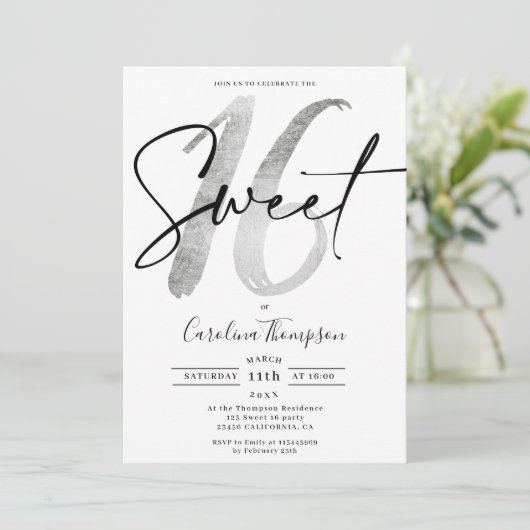 Girly Silver-grens scriptfoto Sweet 16 Kaart (Staand voorkant)