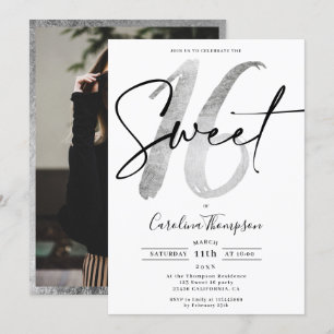 Girly Silver-grens scriptfoto Sweet 16 Kaart
