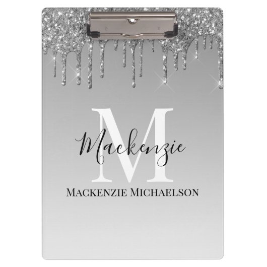Girly Silver Grey Glitter Monogram Naam Klembord (Voorkant)