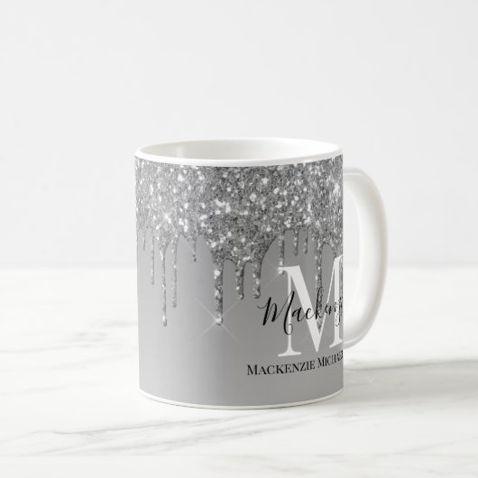 Girly Silver Grey Glitter Monogram Naam Koffiemok (Voorkant rechts)