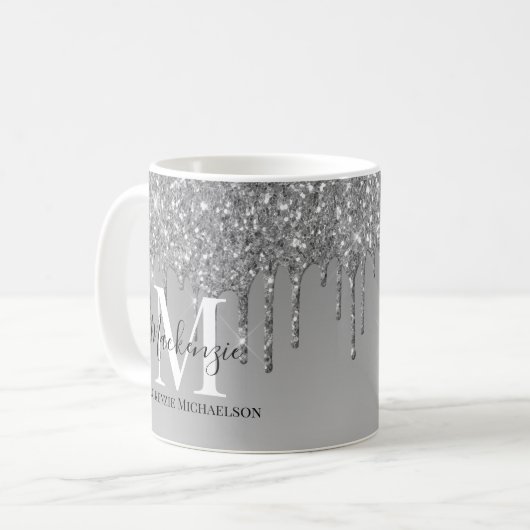 Girly Silver Grey Glitter Monogram Naam Koffiemok (Voorkant links)