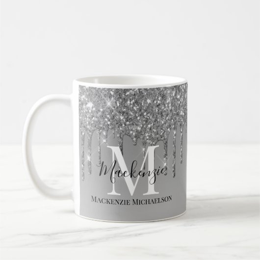 Girly Silver Grey Glitter Monogram Naam Koffiemok (Links)