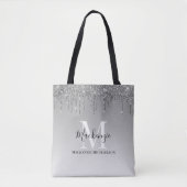 Girly Silver Grey Glitter Monogram Naam Tote Bag (Voorkant)