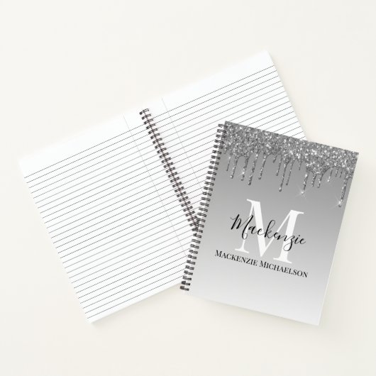 Girly Silver Grey Glitter Monogram Name Notitieboe Notitieboek (Binnen)