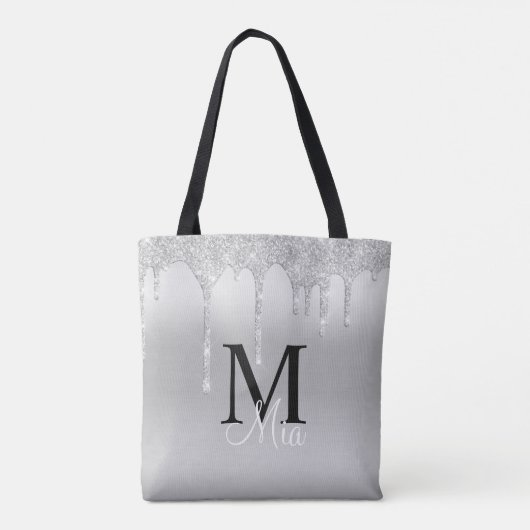 Girly Silver Grey Sparkle Glitter Monogram Tas Ba (Achterkant)