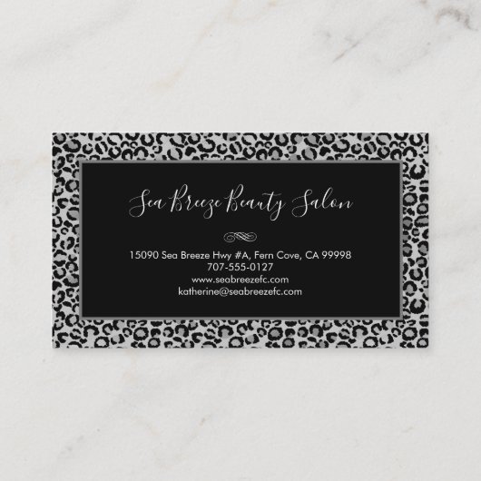 Girly Silver Leopard Spots Fun Chic Black Monogram Visitekaartje (Achterkant)