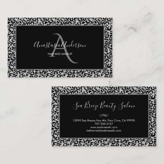 Girly Silver Leopard Spots Fun Chic Black Monogram Visitekaartje (Voorkant / Achterkant)
