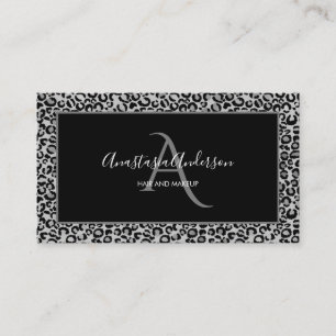Girly Silver Leopard Spots Fun Chic Black Monogram Visitekaartje