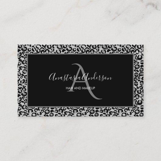 Girly Silver Leopard Spots Fun Chic Black Monogram Visitekaartje (Voorkant)