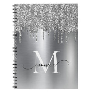Girly Silver Metal Glitter Ombre Monogram Notitieboek