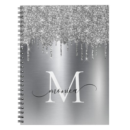 Girly Silver Metal Glitter Ombre Monogram Notitieboek (Voorkant)