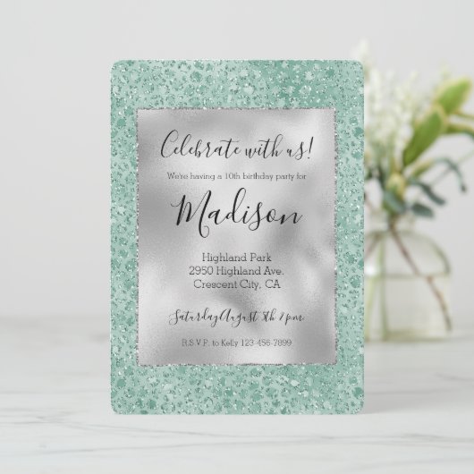 Girly Silver Mint Glitter Glitz Luipaard print Kaart (Staand voorkant)