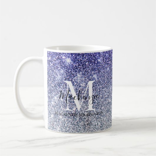 Girly Silver Paarse Ombre Glitter Monogram Naam Koffiemok (Links)
