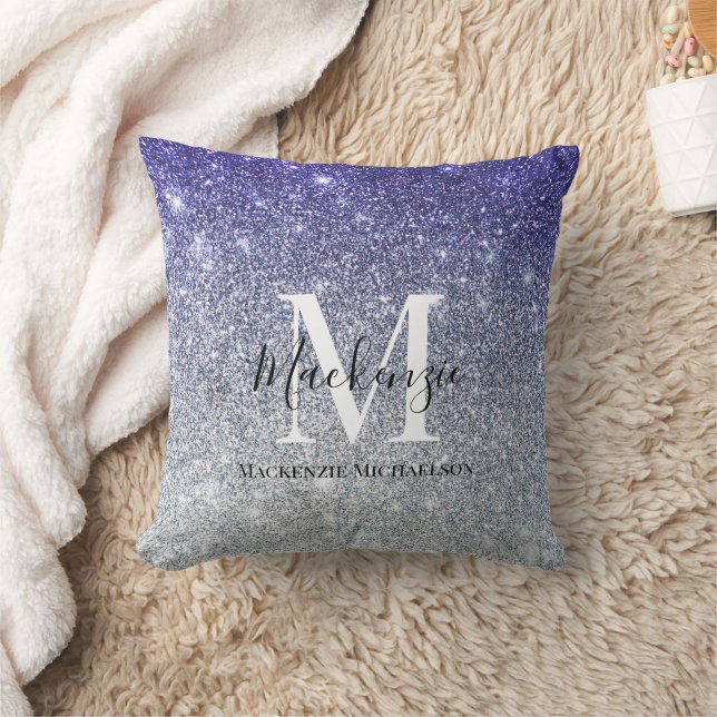 Girly Silver Paarse Ombre Glitter Monogram Naam Kussen (Deken)