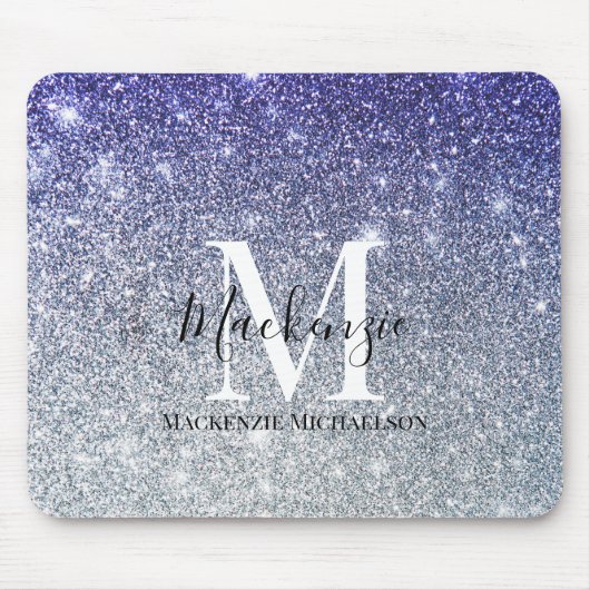 Girly Silver Paarse Ombre Glitter Monogram Naam Muismat (Voorkant)