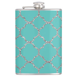 Girly Silver Quatrefoil Aangepaste Blauwgroen fles Heupfles