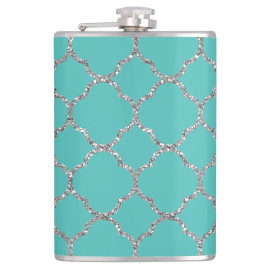 Girly Silver Quatrefoil Aangepaste Blauwgroen fles Heupfles (Voorkant)