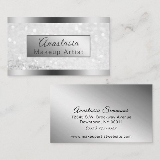 Girly Silver Shimmer Folie Glitter Visitekaartje (Voorkant / Achterkant)