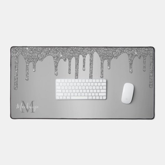 Girly Silver Sparkle Glitter Drift Monogram Bureaumat (Keyboard & Muis)
