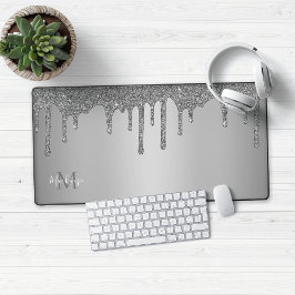 Girly Silver Sparkle Glitter Drift Monogram Bureaumat