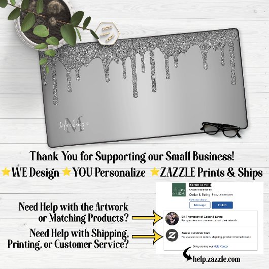 Girly Silver Sparkle Glitter Drift Monogram Bureaumat