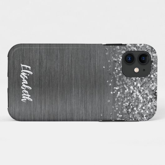 Girly Silver Sparkle Glitter Monogram Naam Case-Mate iPhone Case (Achterkant (horizontaal))