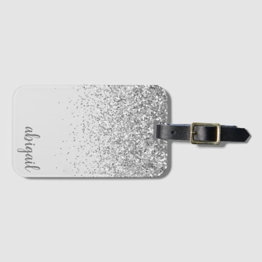 Girly Silver Stylish Glitter Modern Monogram Name Bagagelabel (Voorkant (horizontaal))