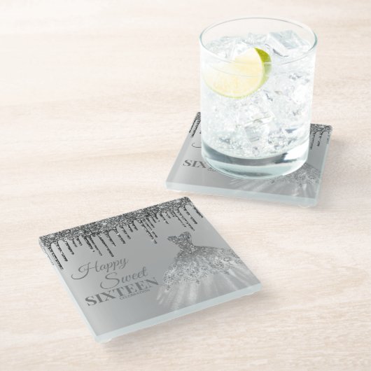 Girly Silver Sweet 16 Birthday Ball Gown Drips Glazen Onderzetter (Schuin)