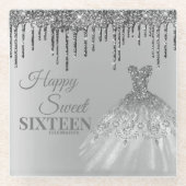 Girly Silver Sweet 16 Birthday Ball Gown Drips Glazen Onderzetter (Voorkant)
