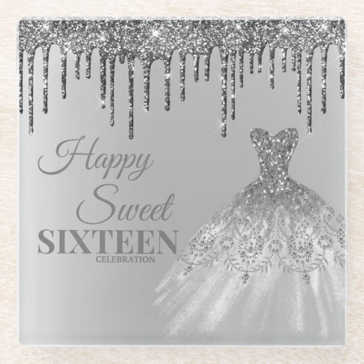 Girly Silver Sweet 16 Birthday Ball Gown Drips Glazen Onderzetter (Voorkant)