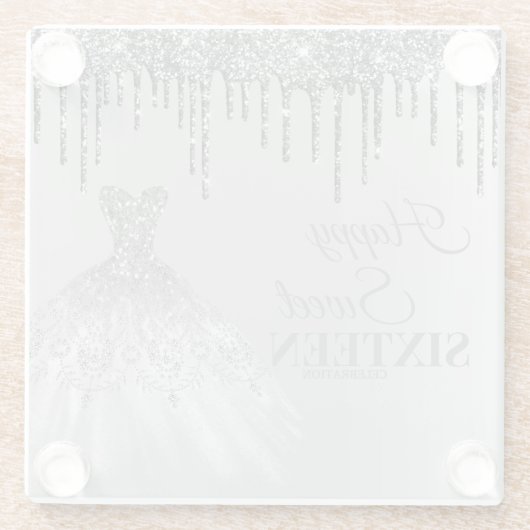 Girly Silver Sweet 16 Birthday Ball Gown Drips Glazen Onderzetter (Achterkant)
