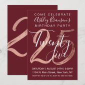 Girly Simple Burgundy Roos Gold Foil 25th Birthday Kaart (Voorkant / Achterkant)