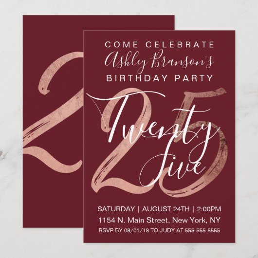 Girly Simple Burgundy Roos Gold Foil 25th Birthday Kaart (Voorkant / Achterkant)