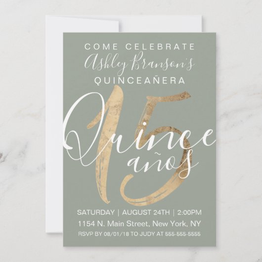 Girly Simple Sage Green Gold Foil Quinceañera Kaart (Voorkant)