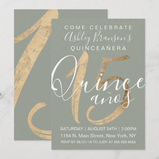 Girly Simple Sage Green Gold Foil Quinceañera Kaart (Voorkant / Achterkant)