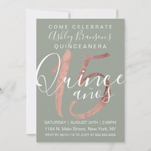 Girly Simple Sage Green Roos Gold Folie Quinceañer Kaart (Voorkant)