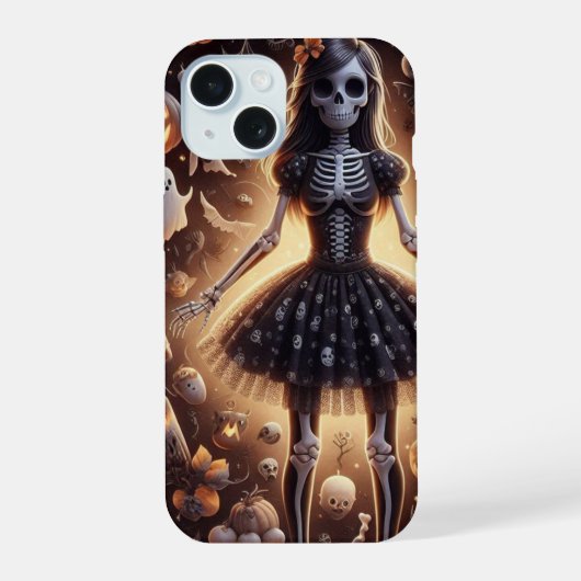 Girly Skeleton in Tutu met geesten, schedels, vlee iPhone 15 Case (Achterkant)