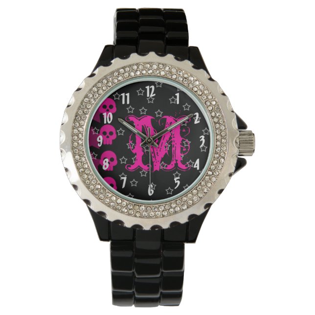 Girly Skull EMO Punk Rock Rocker Girl Stars Horloge (Voorkant)