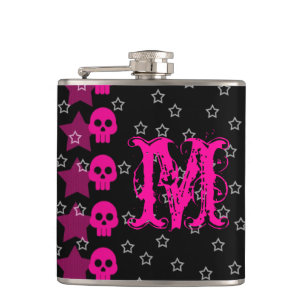 Girly Skull EMO Punk Rocker Monogram Whiskey Flask Heupfles