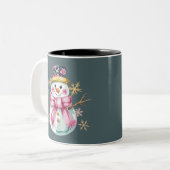 Girly Snowman Wintervakantie Kerst Schattige Tweekleurige Koffiemok (Voorkant links)