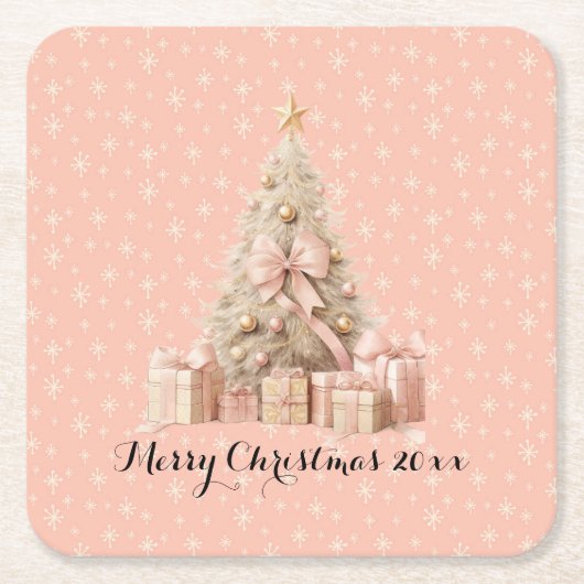 Girly Soft Roze Kerstboom & aangepaste groeten Kartonnen Onderzetters (Voorkant)