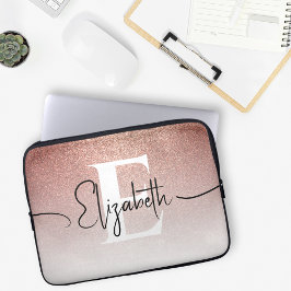 Girly Sparkle Roos Gouden Glitter Wit Monogrammed Laptop Sleeve