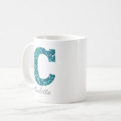 Girly Sparkly Blauwgroen Glitter Letter C Monogram Koffiemok (Voorkant links)