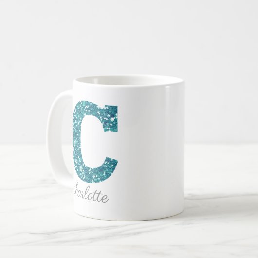 Girly Sparkly Blauwgroen Glitter Letter C Monogram Koffiemok (Voorkant links)