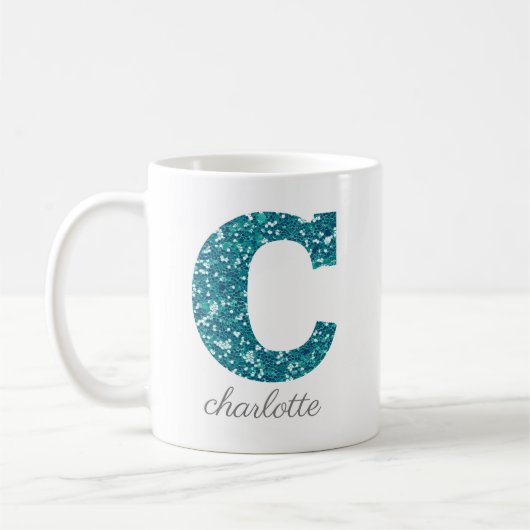 Girly Sparkly Blauwgroen Glitter Letter C Monogram Koffiemok (Links)