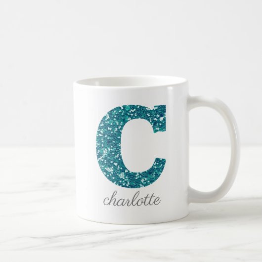 Girly Sparkly Blauwgroen Glitter Letter C Monogram Koffiemok (Rechts)