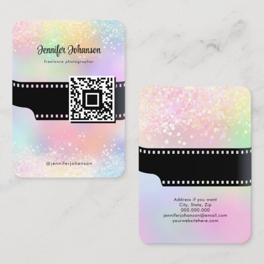 Girly Sparkly Glitter Film Roll Camera QR Code Visitekaartje (Voorkant / Achterkant)