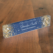 Girly Sparkly Gold Glitter Navy Blue Naambordje (Zijkant)