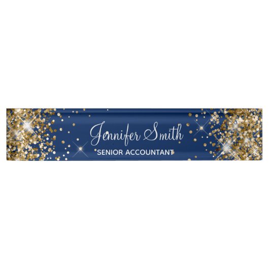 Girly Sparkly Gold Glitter Navy Blue Naambordje (Voorkant)