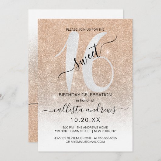 Girly Sparkly Gold White Glitter Ombre Sweet 16 Kaart (Voorkant / Achterkant)